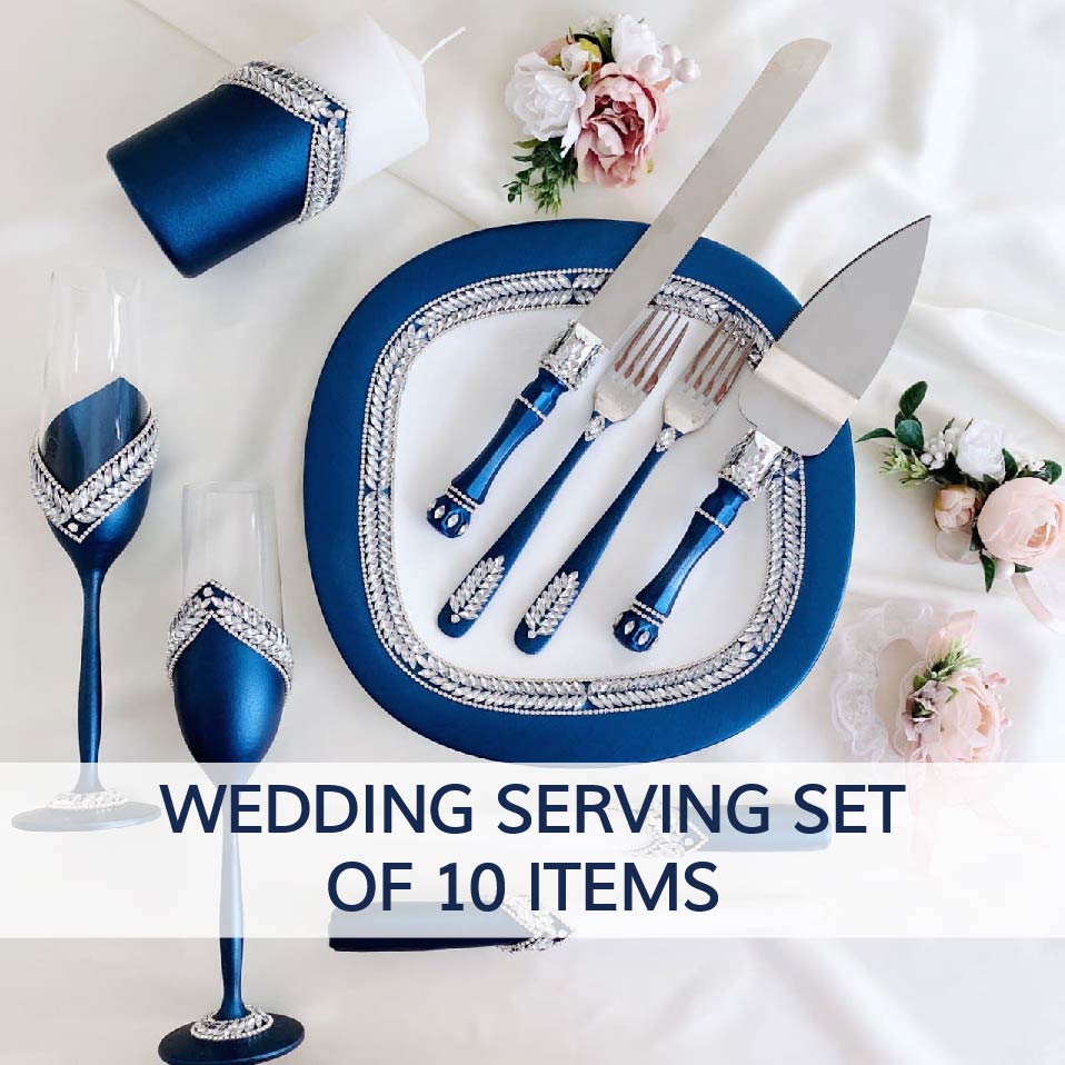 Navy blue pearl wedding flutes factory and cake server set