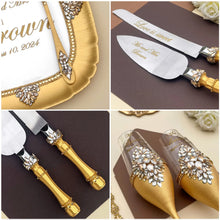 Load image into Gallery viewer, Gold wedding cake cutting set, wedding glasses for bride and groom, wedding plate & forks, unity candles