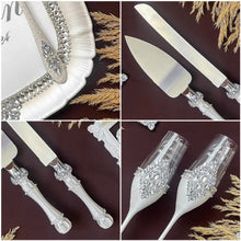Load image into Gallery viewer, Sparkling wedding cake cutting set, wedding glasses for bride and groom, wedding plate & forks, unity candles