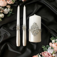 Load image into Gallery viewer, Sparkling wedding cake cutting set, wedding glasses for bride and groom, wedding plate & forks, unity candles