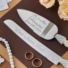 Load image into Gallery viewer, Pearl wedding glasses for bride and groom, wedding cake cutting set, wedding plate and forks, unity candles