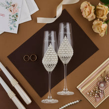 Load image into Gallery viewer, Pearl wedding glasses for bride and groom, wedding cake cutting set, wedding plate and forks, unity candles