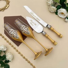 Load image into Gallery viewer, Gold wedding cake cutting set, wedding glasses for bride and groom, wedding plate & forks, unity candles