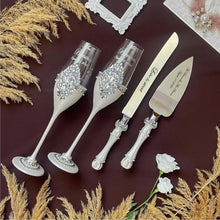 Load image into Gallery viewer, Sparkling wedding cake cutting set, wedding glasses for bride and groom, wedding plate & forks, unity candles