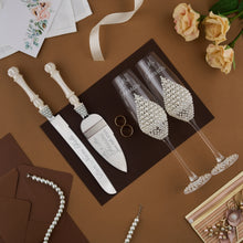 Load image into Gallery viewer, Pearl wedding glasses for bride and groom, wedding cake cutting set, wedding plate and forks, unity candles