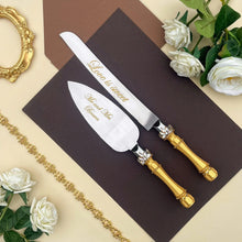 Load image into Gallery viewer, Gold wedding cake cutting set, wedding glasses for bride and groom, wedding plate & forks, unity candles