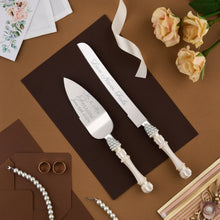 Load image into Gallery viewer, Pearl wedding glasses for bride and groom, wedding cake cutting set, wedding plate and forks, unity candles