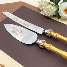 Load image into Gallery viewer, Gold wedding cake cutting set, wedding glasses for bride and groom, wedding plate & forks, unity candles