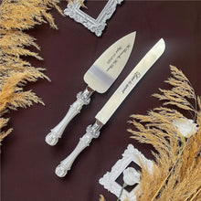 Load image into Gallery viewer, Sparkling wedding cake cutting set, wedding glasses for bride and groom, wedding plate & forks, unity candles