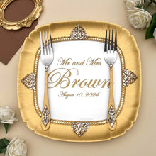Load image into Gallery viewer, Gold wedding cake cutting set, wedding glasses for bride and groom, wedding plate & forks, unity candles
