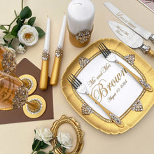 Load image into Gallery viewer, Gold wedding cake cutting set, wedding glasses for bride and groom, wedding plate & forks, unity candles