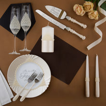 Load image into Gallery viewer, Pearl wedding glasses for bride and groom, wedding cake cutting set, wedding plate and forks, unity candles