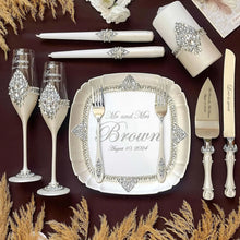 Load image into Gallery viewer, Sparkling wedding cake cutting set, wedding glasses for bride and groom, wedding plate & forks, unity candles