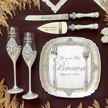 Load image into Gallery viewer, Sparkling wedding cake cutting set, wedding glasses for bride and groom, wedding plate & forks, unity candles