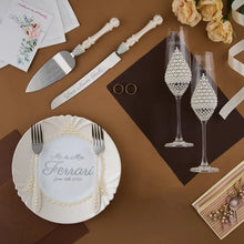 Load image into Gallery viewer, Pearl wedding glasses for bride and groom, wedding cake cutting set, wedding plate and forks, unity candles