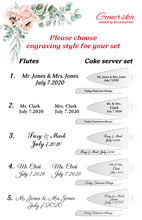 Load image into Gallery viewer, Green wedding cake cutting set, wedding glasses for bride and groom, wedding plate & forks