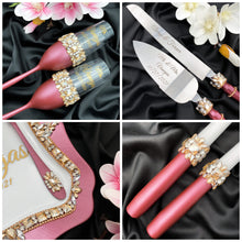 Load image into Gallery viewer, Burgundy wedding glasses for bride and groom, wedding cake server sets