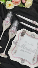 Load and play video in Gallery viewer, Silver pink wedding glasses for bride and groom, wedding cake server sets & cake plate, unity candles