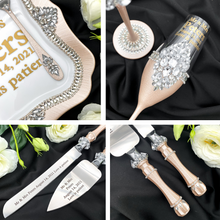 Load image into Gallery viewer, Light beige wedding glasses for bride and groom, wedding cake server sets