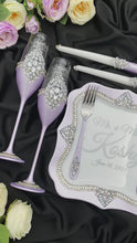 Load and play video in Gallery viewer, Purple wedding cake cutting set, wedding glasses for bride and groom, wedding plate & forks, unity candles