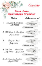 Load image into Gallery viewer, Pearl wedding glasses for bride and groom, wedding cake cutting set, wedding plate and forks, unity candles