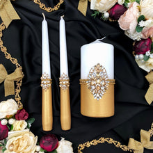 Load image into Gallery viewer, Gold wedding cake cutting set, wedding glasses for bride and groom, wedding plate and forks, unity candles
