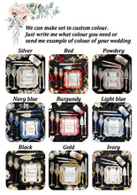 Load image into Gallery viewer, Red wedding cake cutting set, wedding glasses for bride and groom, wedding plate and forks, unity candles
