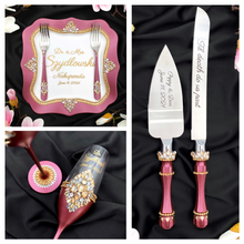 Load image into Gallery viewer, Burgundy wedding cake cutting set, wedding glasses for bride and groom