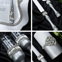 Load image into Gallery viewer, Gray wedding cake cutting set, wedding glasses for bride and groom