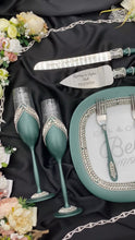 Load and play video in Gallery viewer, Green wedding glasses for bride and groom, wedding cake cutting set, wedding plate and forks, unity candles