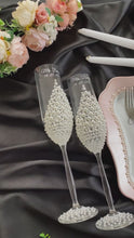 Load and play video in Gallery viewer, Powdery pearl wedding glasses for bride and groom, wedding cake cutting set, wedding plate and forks, unity candles