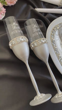 Load and play video in Gallery viewer, Gray wedding glasses for bride and groom cake serving set, wedding plate&knife, unity candles