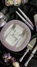 Load and play video in Gallery viewer, Purple wedding glasses, cake serving set, wedding plate&amp;knife, unity candles
