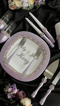 Load and play video in Gallery viewer, Purple wedding glasses, cake serving set, wedding plate&knife, unity candles