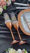 Load and play video in Gallery viewer, Bronze wedding glasses for bride and groom cake serving set, wedding plate&knife, unity candles