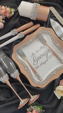 Load and play video in Gallery viewer, Beige wedding flutes for bride and groom, wedding cake server sets, wedding cake plate and forks, unity candles