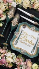 Load and play video in Gallery viewer, Green wedding cake cutting set, wedding glasses for bride and groom, wedding plate & forks, unity candles