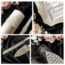 Load image into Gallery viewer, Pearl wedding glasses for bride and groom, cake knife and server