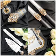 Load image into Gallery viewer, Black wedding cake cutting set, wedding glasses for bride and groom, wedding plate &amp; forks
