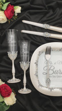 Load and play video in Gallery viewer, Silver wedding glasses for bride and groom, cake knife and server, wedding plate, unity candles