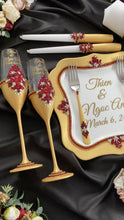 Load and play video in Gallery viewer, Gold red wedding cake cutting set, wedding glasses for bride and groom, wedding plate and forks, unity candles