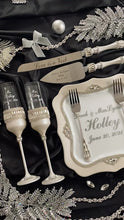 Load and play video in Gallery viewer, Silver wedding cake cutting set, wedding glasses for bride and groom, wedding plate & forks, unity candles