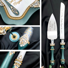 Load image into Gallery viewer, Green wedding cake cutting set, wedding glasses for bride and groom, wedding plate & forks