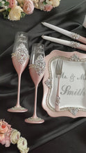 Load and play video in Gallery viewer, Powdery wedding cake cutting set, wedding glasses for bride and groom, wedding plate & forks, unity candles