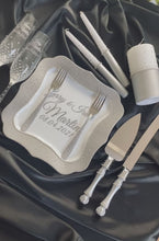 Load and play video in Gallery viewer, Gray wedding cake cutting set, wedding glasses for bride and groom, wedding plate & forks, unity candles