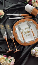 Load and play video in Gallery viewer, Bronze wedding glasses for bride and groom, cake knife and server, wedding plate, unity candles