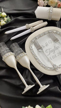 Load and play video in Gallery viewer, Silver wedding glasses for bride and groom, cake serving set, wedding plate&knife, unity candles