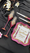 Load and play video in Gallery viewer, Burgundy wedding cake cutting set, wedding glasses for bride and groom, wedding plate & forks, unity candles