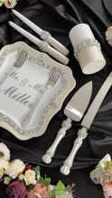 Load and play video in Gallery viewer, Silver wedding glasses for bride and groom, wedding cake server sets & cake plate, unity candles