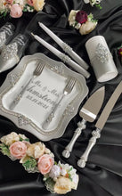 Load and play video in Gallery viewer, Gray wedding glasses for bride and groom, wedding cake server sets & cake plate, unity candles